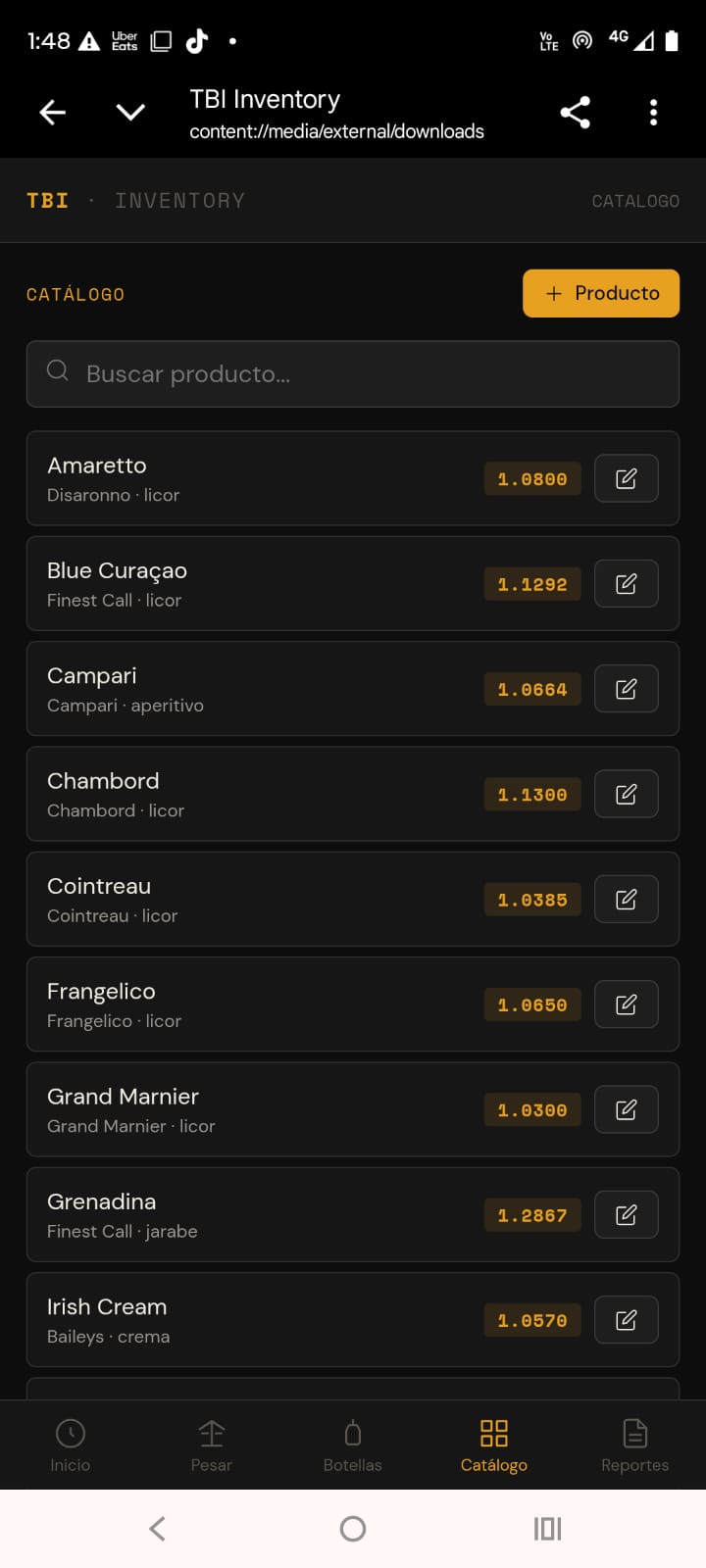 TBI Inventory — Catálogo de productos y densidades